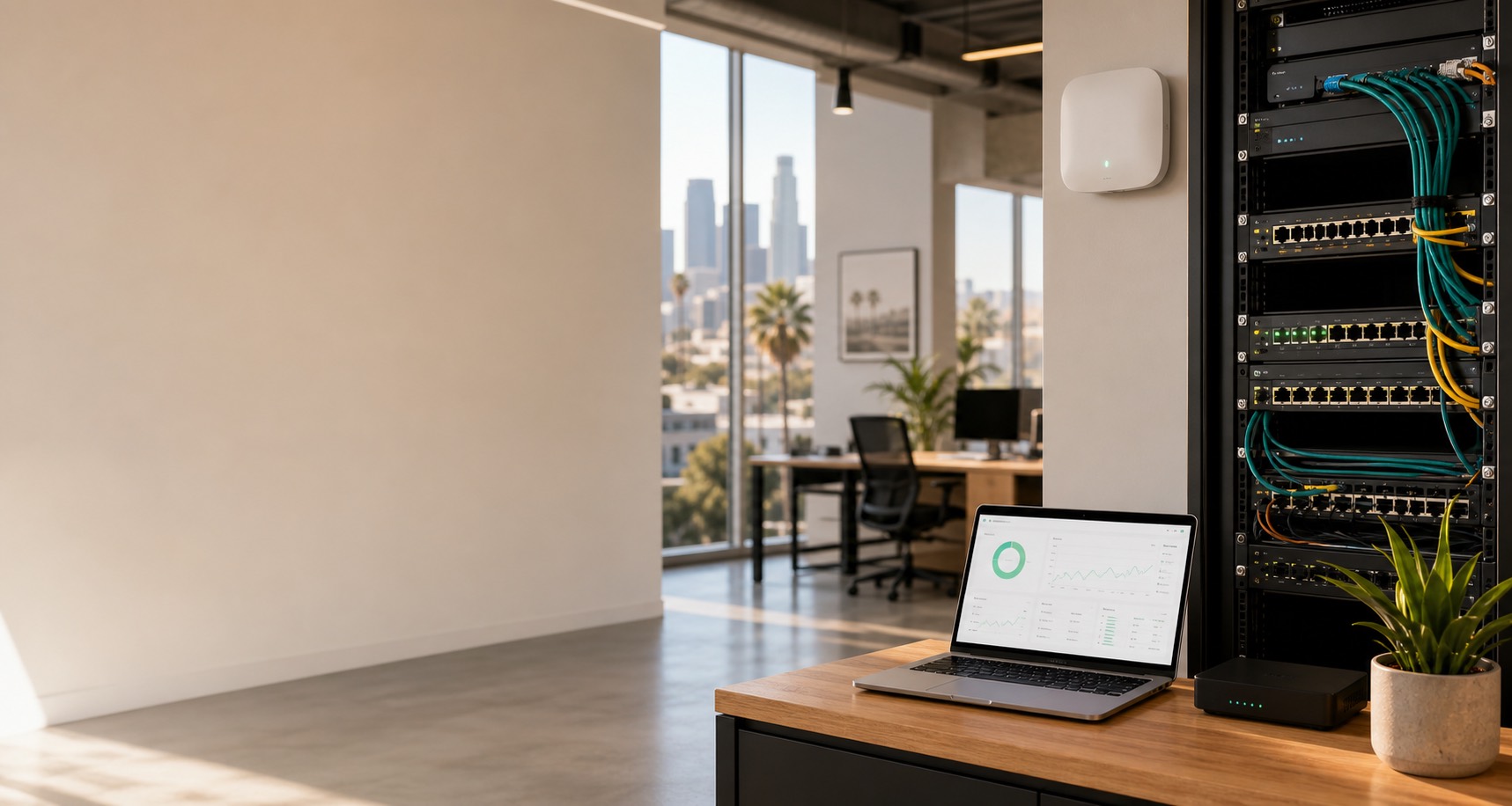 Clean office network rack, Wi-Fi access point, and support dashboard