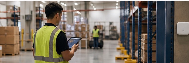 Warehouse operations team using a tablet with reliable Wi-Fi coverage